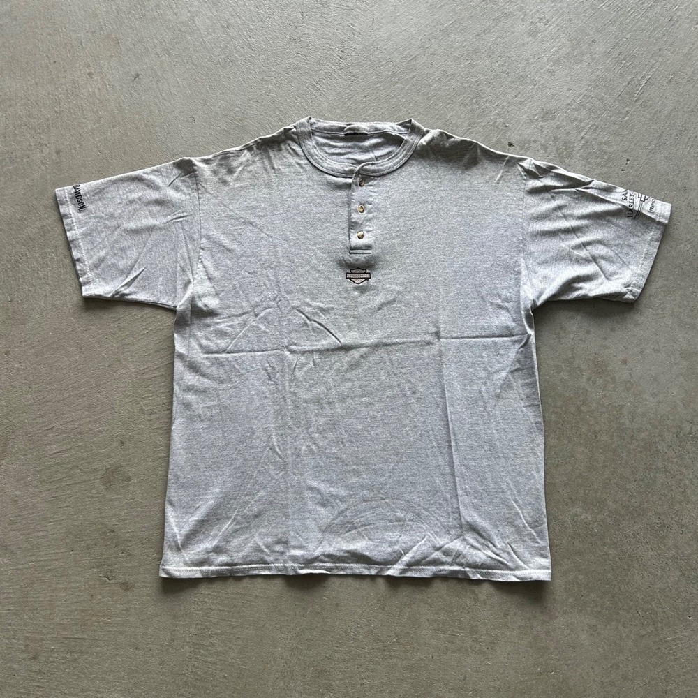 Vintage 90s Harley Davison Shirt Size XL Gray Henley Fremont Michigan Biker
